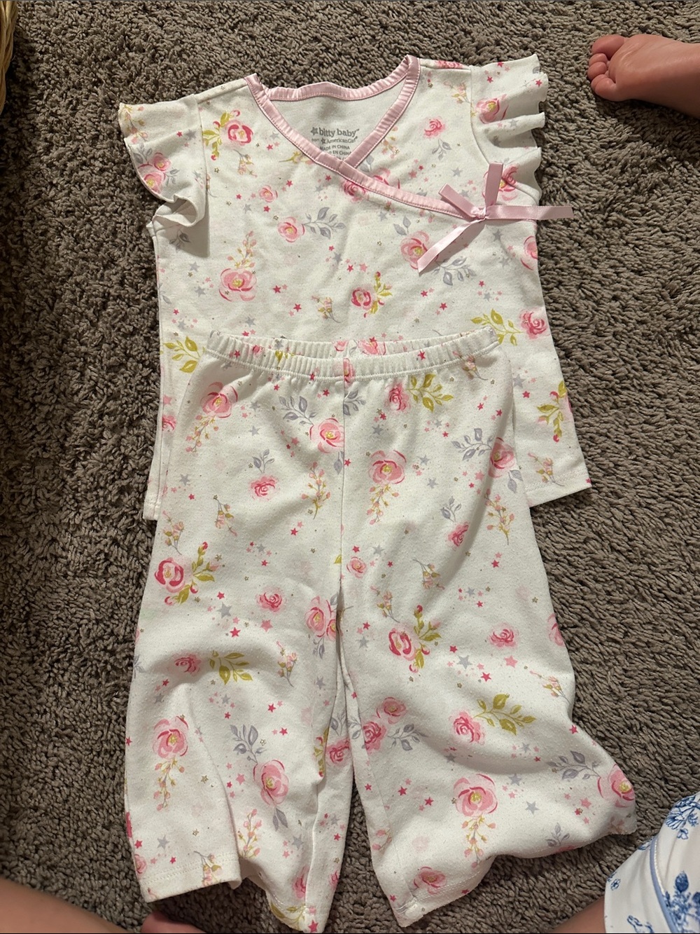 American Girl Doll Bitty baby Pink Floral Baby Pajama Set with Green Accents